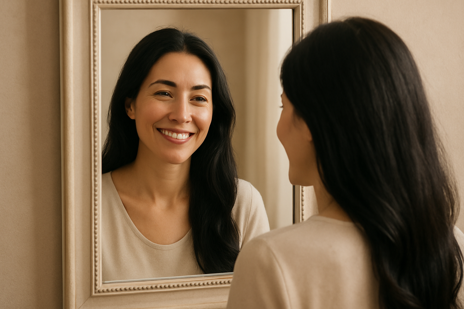 mujer adulta hermosa de cabello negro mirandose al espejo y sonriendo